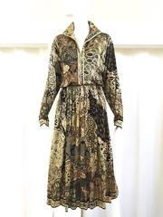 80er LEONARD Kleid aus goldfarbenem und schwarzem Jersey