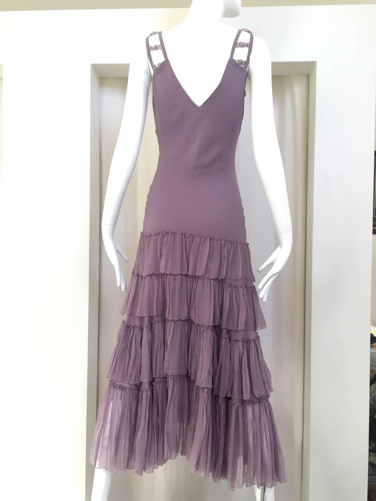 Vintage John Galliano lavender silk cocktail  Summer dress with velvet ribbon strap. 
Bust: 34