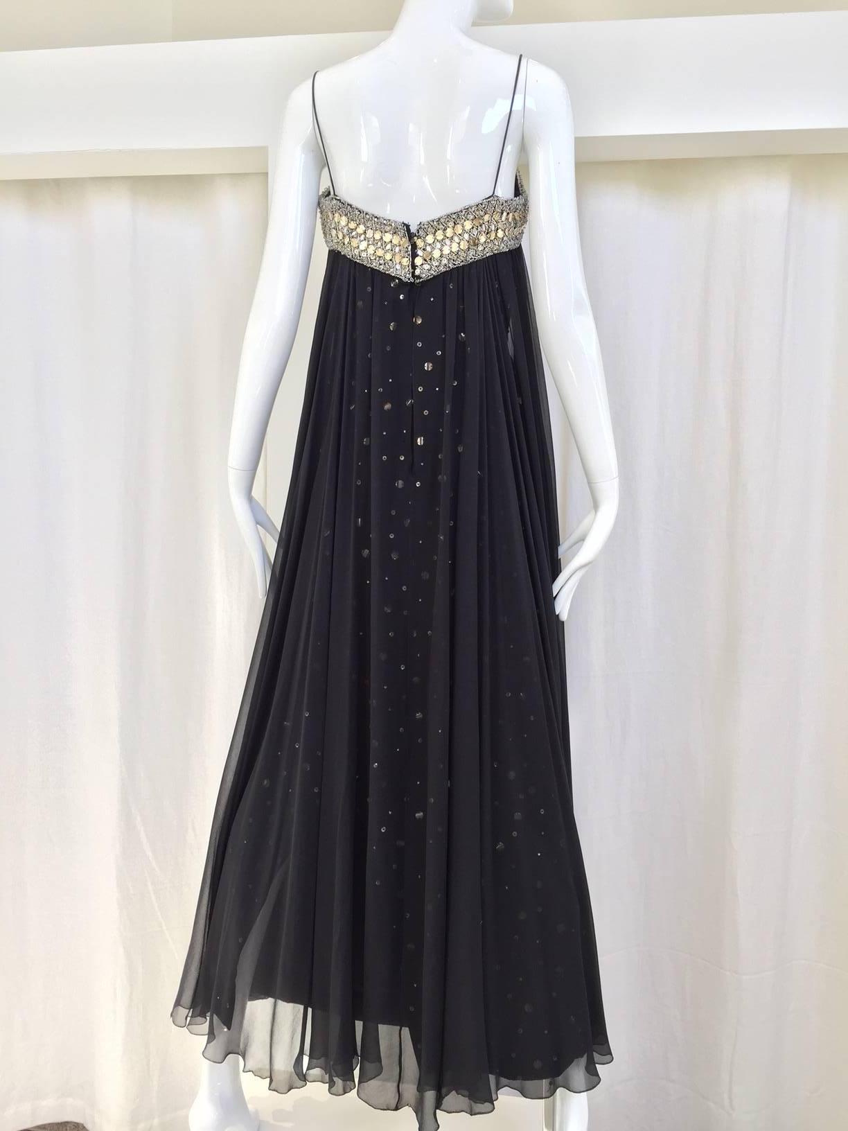 Women's  1960s Black Silk Spaghetti Strap Gown With Rhinestones 
