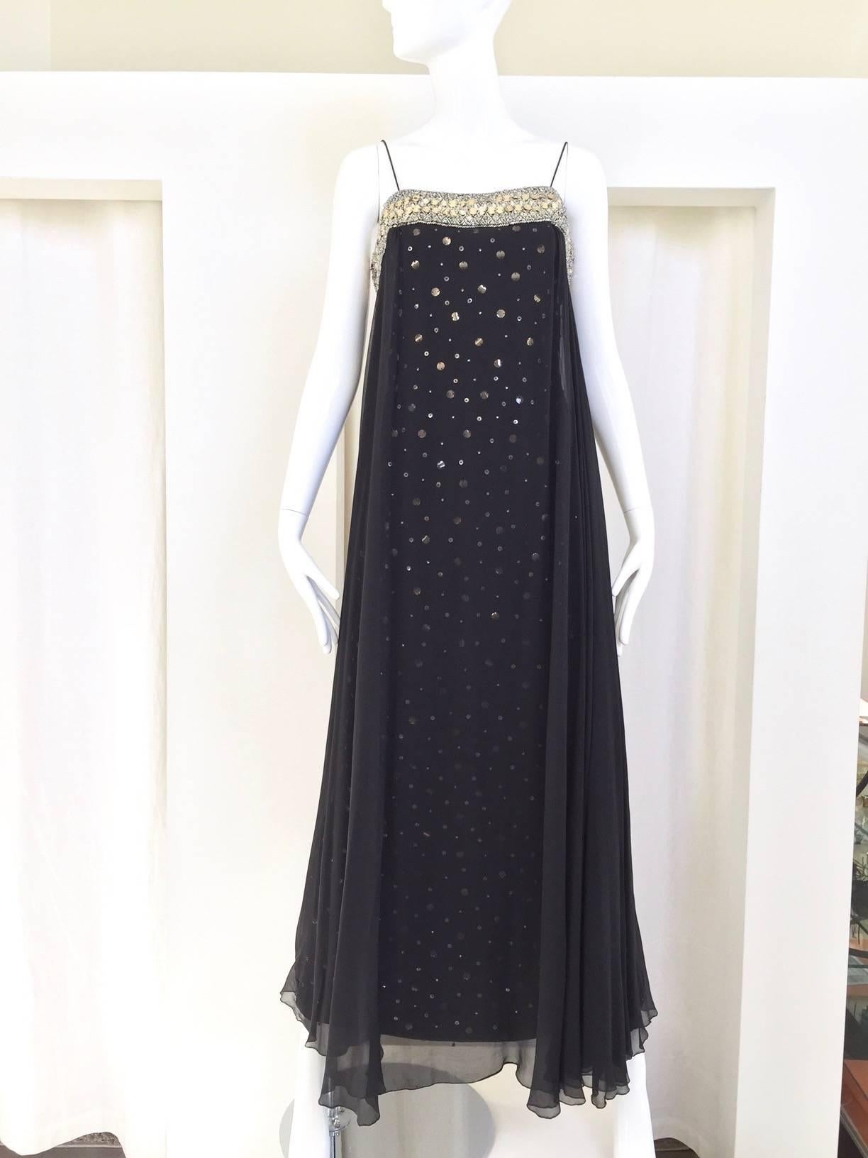  1960s Black Silk Spaghetti Strap Gown With Rhinestones  In Excellent Condition In Beverly Hills, CA