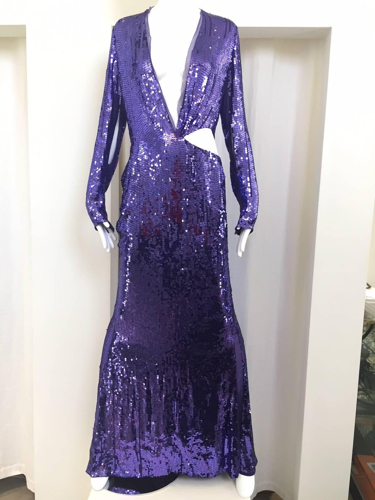 Sexy GUCCI by Tom Ford purple sequin gown. Gown can be worn with bra or without ( see image #2). Sheer panel on both side is a part of the design.
***missing some sequins. size 42/ fit size US6.

