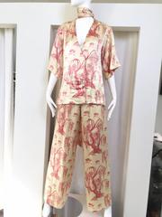 1970s Satin charmeuse printed top and pant set with sash