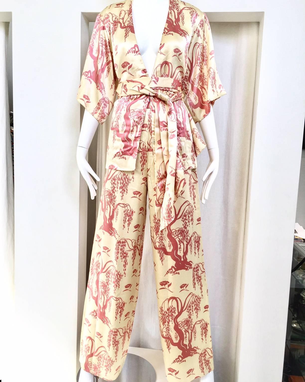 Beige 1970s Satin charmeuse printed top and pant set with sash