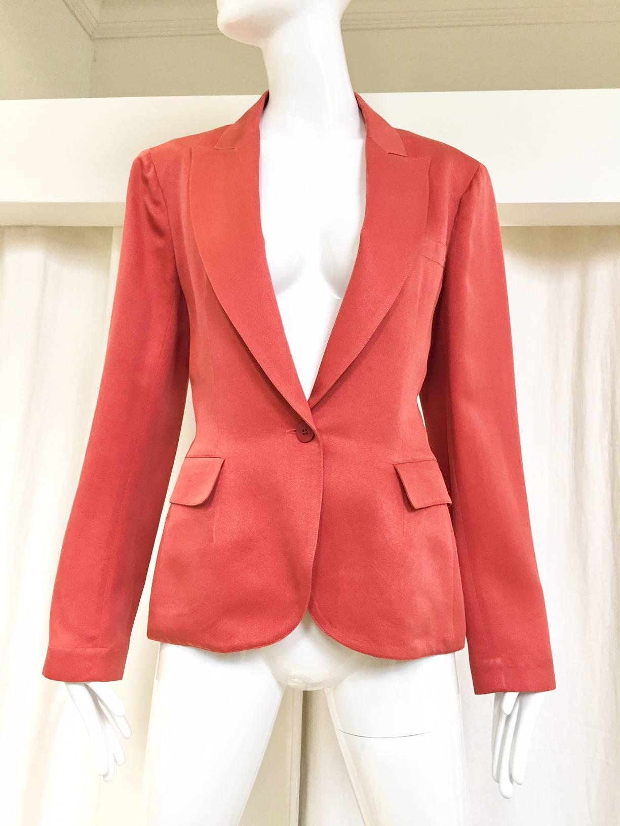 Vintage  ALAIA silk fitted blazer in coral salmon color. fit medium  Size: 4/6
Bust: 34"/ Waist: 29"/ hip: 39"/ Lenght: 24"/ Sleeve: 24"