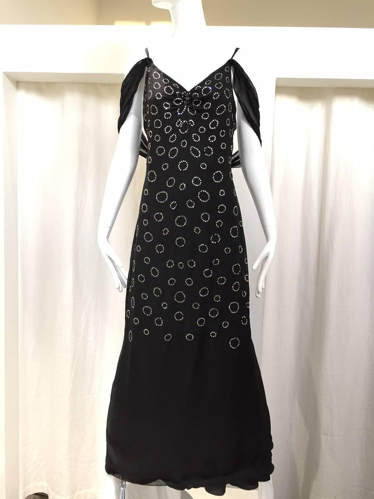 Gorgeous! Old Hollywood 1930s silk chiffon evening gown with circular rhinestones applique. Dress comes with sash (belt) 
****** see small tear image#6
 Fit size 4/6
Bust: 36