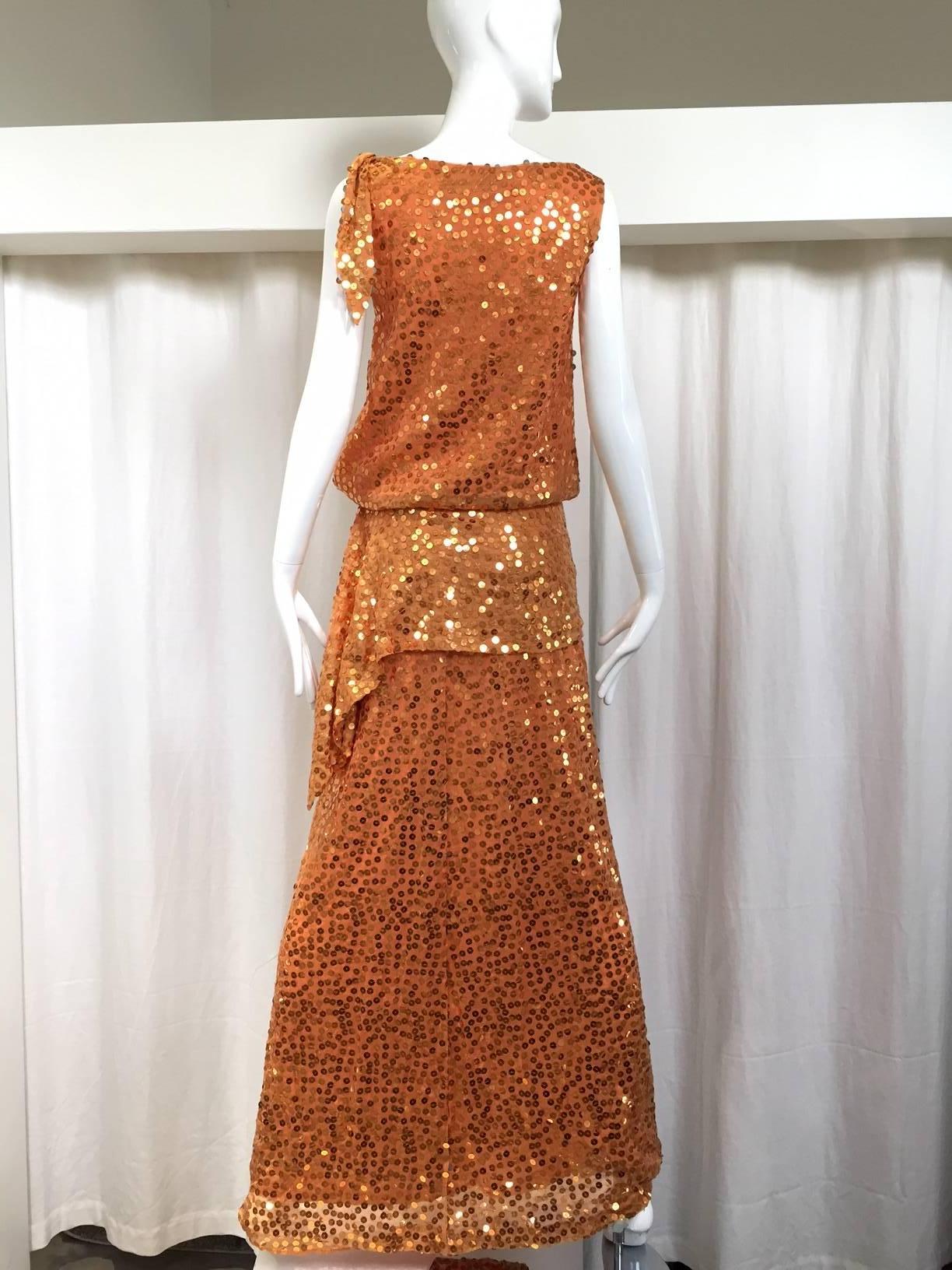 1990s Marcel Marongiu Orange Gold Metallic Sequin silk Gown In Good Condition In Beverly Hills, CA