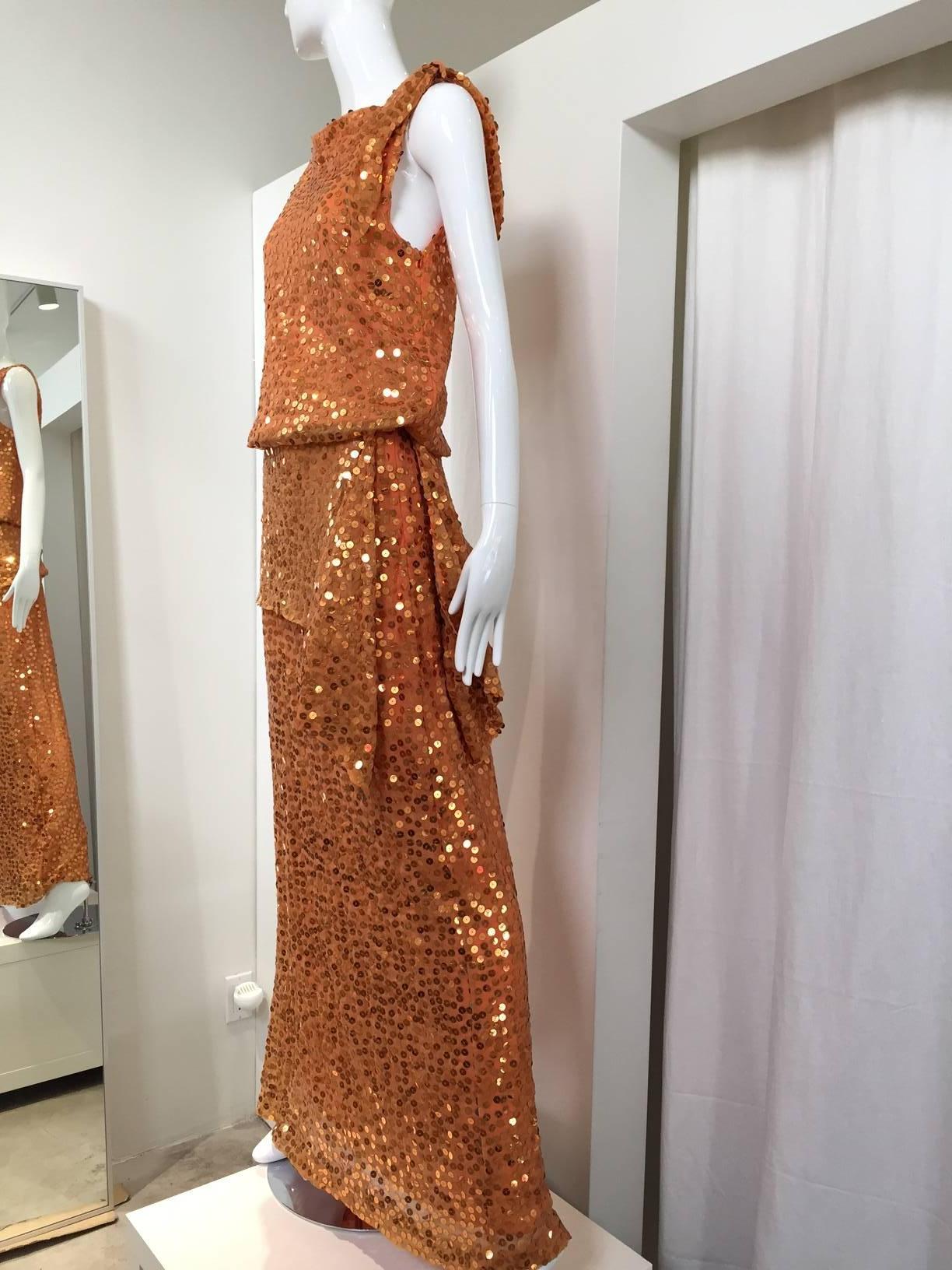 1990s Marcel Marongiu Orange Gold Metallic Sequin silk Gown 1