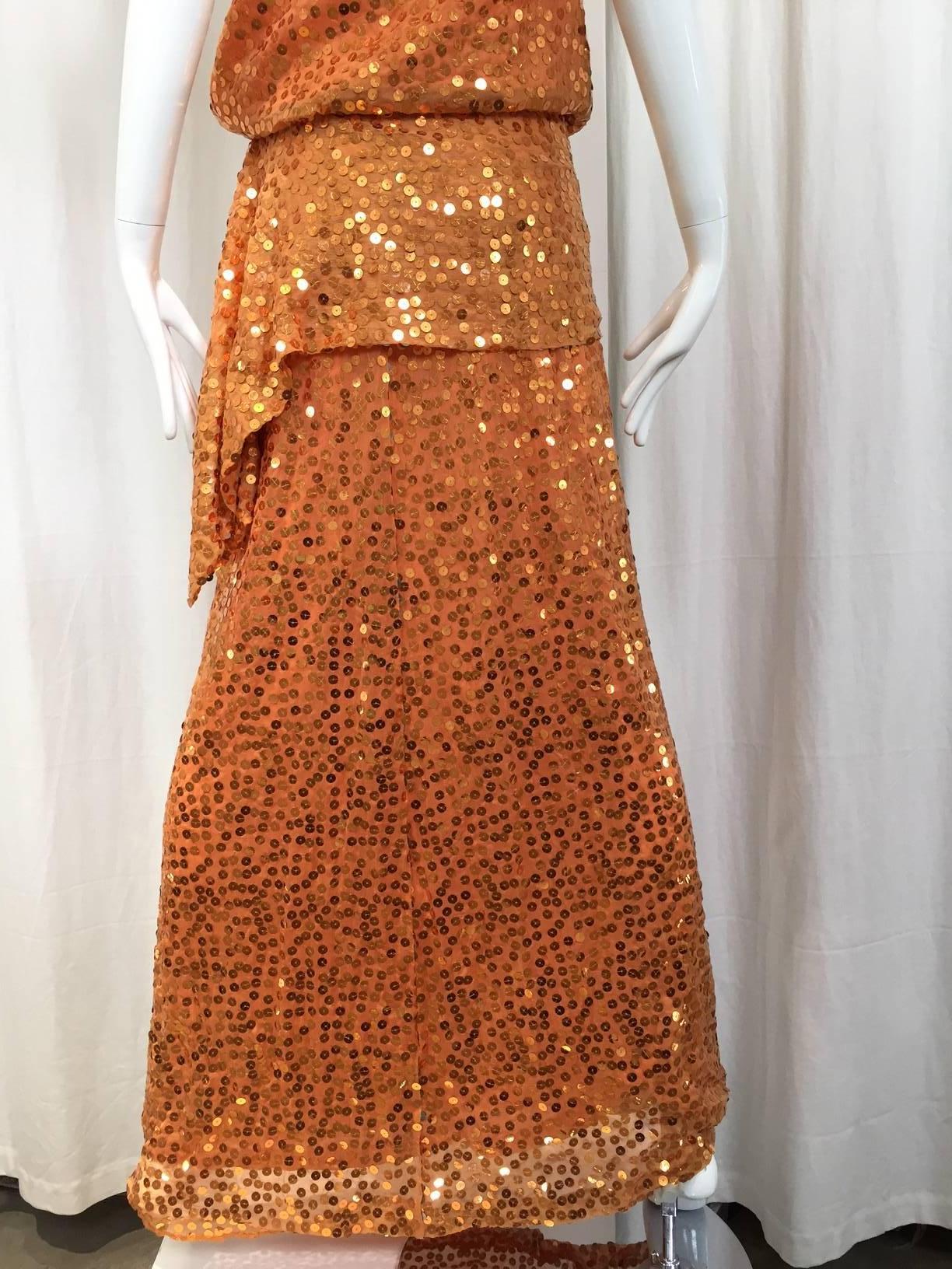 1990s Marcel Marongiu Orange Gold Metallic Sequin silk Gown 2