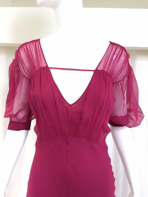 Christian Dior by John Galliano maroon silk chiffon V neck gown In Excellent Condition For Sale In Beverly Hills, CA