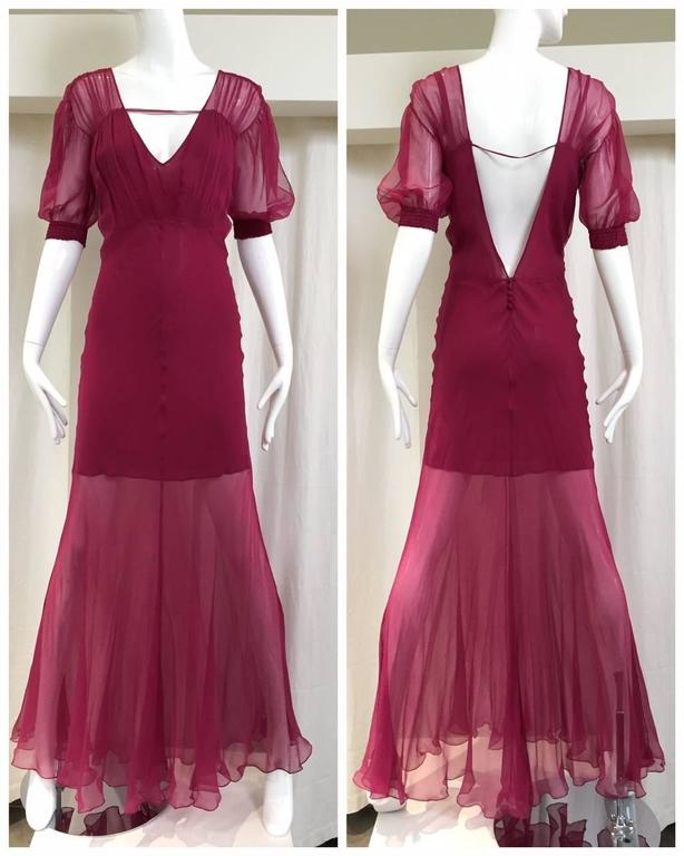 Brown Christian Dior by John Galliano maroon silk chiffon V neck gown For Sale