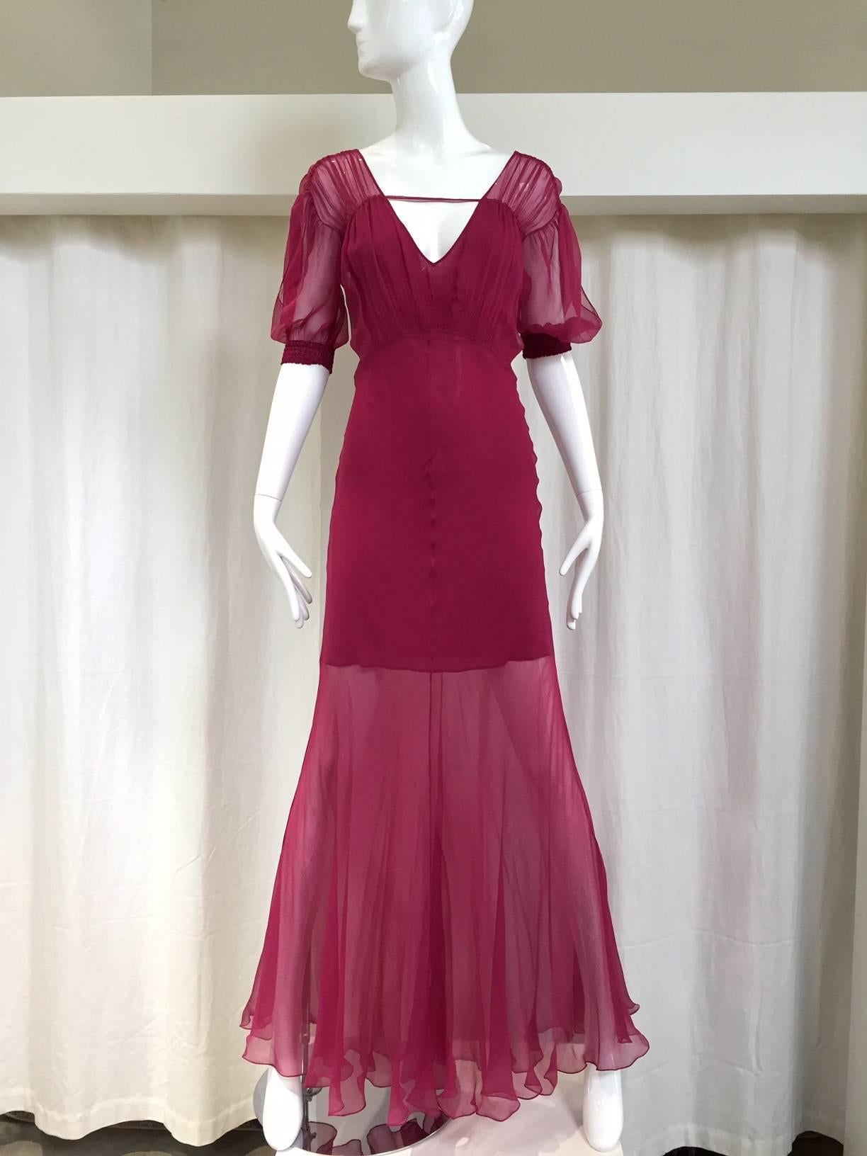 Christian Dior by John Galliano maroon silk chiffon V neck gown In Excellent Condition In Beverly Hills, CA