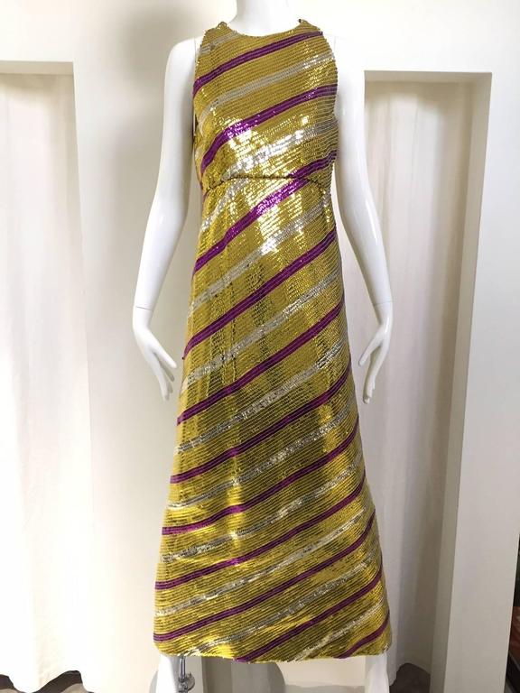  1960s Multi Color Sleeveless Sequins Cocktail Maxi Dress In Good Condition In Beverly Hills, CA