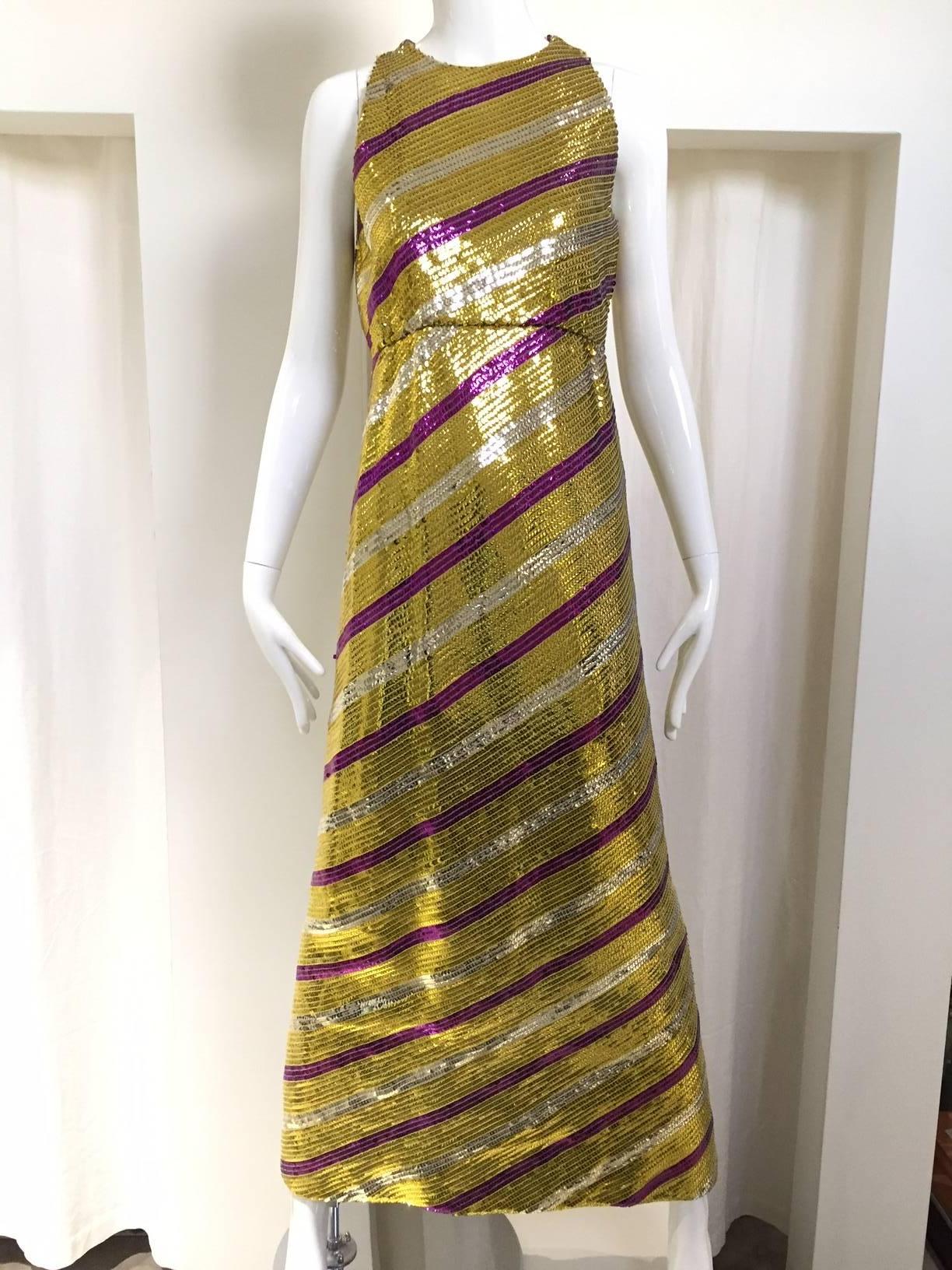 Brown  1960s Multi Color Sleeveless Sequins Cocktail Maxi Dress