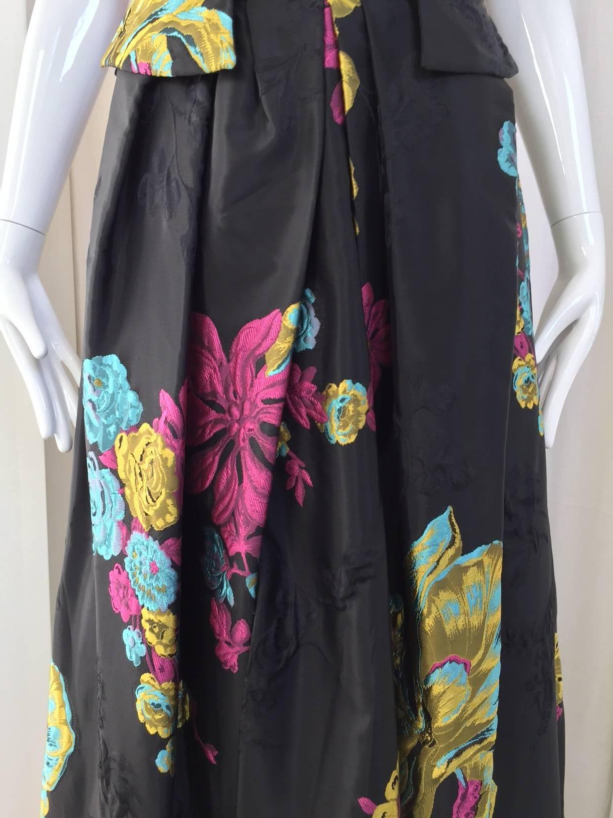 Christian Lacroix Black and Multi Color Floral Silk Brocade Top and Skirt, 1980s 4