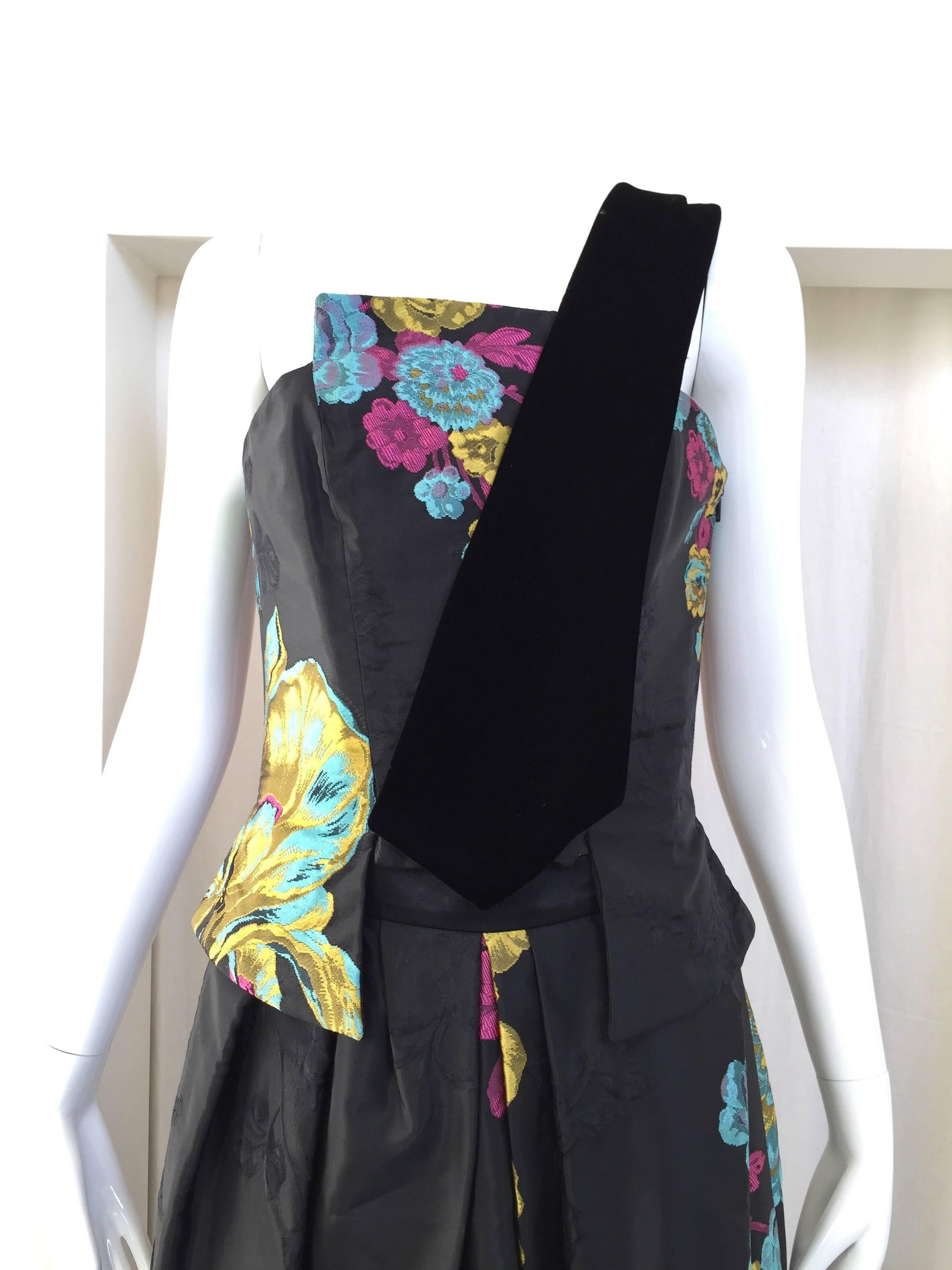 Christian Lacroix Black and Multi Color Floral Silk Brocade Top and Skirt, 1980s In Excellent Condition In Beverly Hills, CA