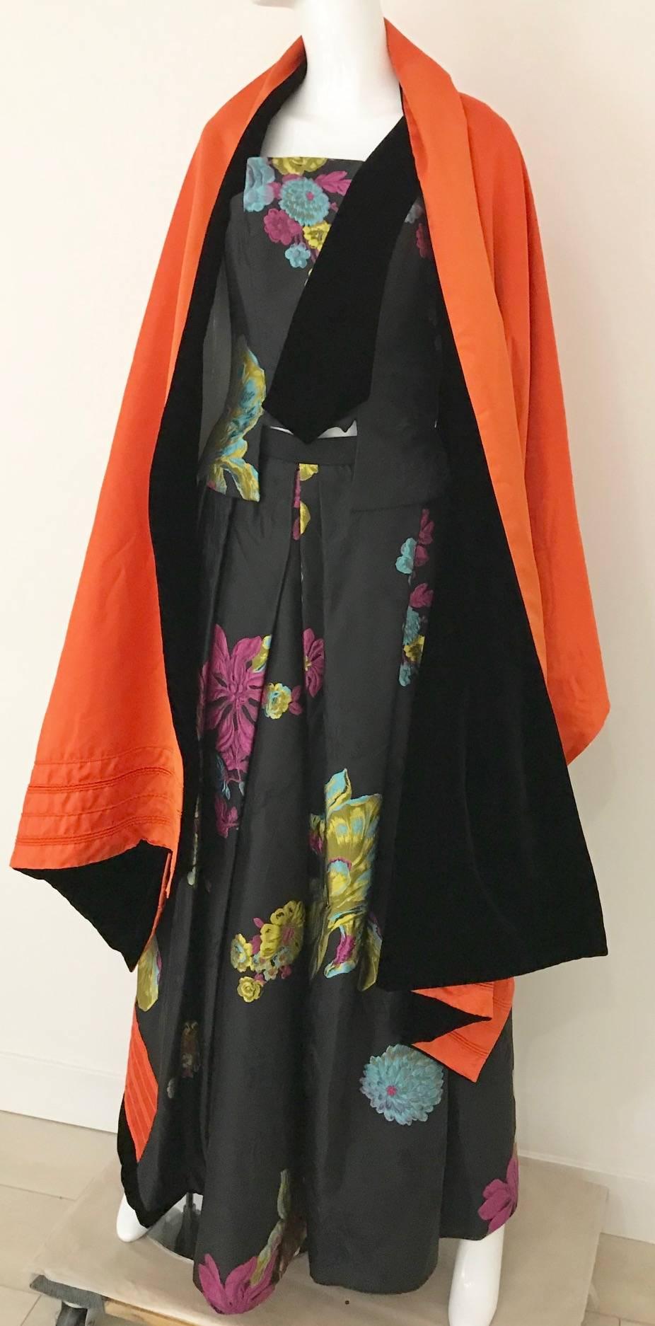 Christian Lacroix Black and Multi Color Floral Silk Brocade Top and Skirt, 1980s 2