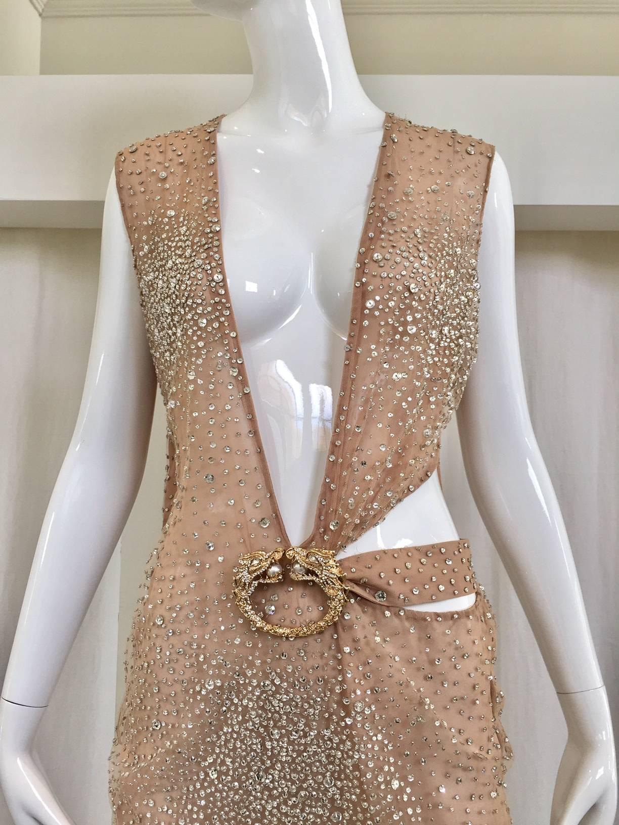 Sexy Gucci by Tom Ford nude silk deep V neck dress with tulle overlay and embellished with silver sequins. This Dress has been altered shorter below the knee. Fit size 6