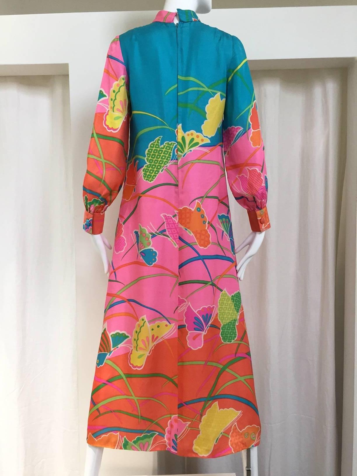 1970s Hanae Mori Pink and Teal Butterfly Print Silk Maxi Vintage 70s ...