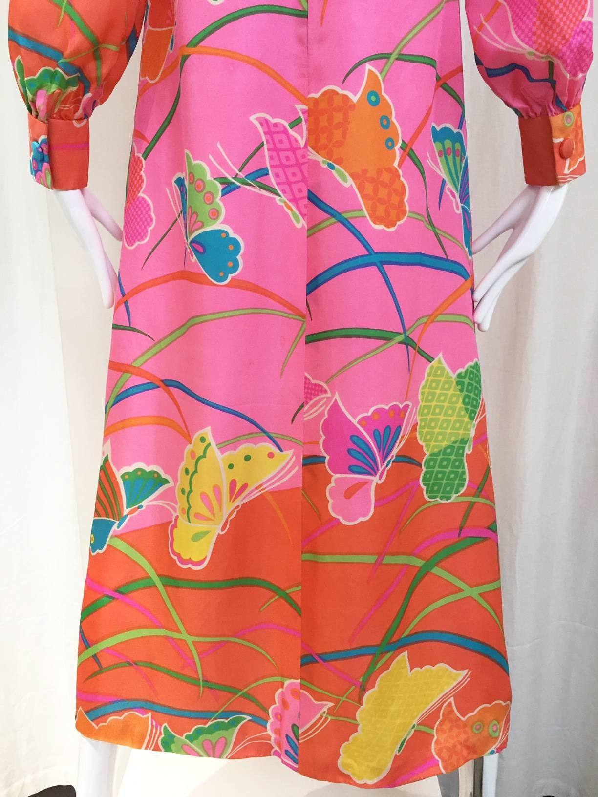 1970s Hanae Mori Pink and Teal Butterfly Print Silk Maxi Vintage 70s ...
