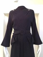 Vintage 1940s Navy Blue Crepe Dress with White Small Polkadots