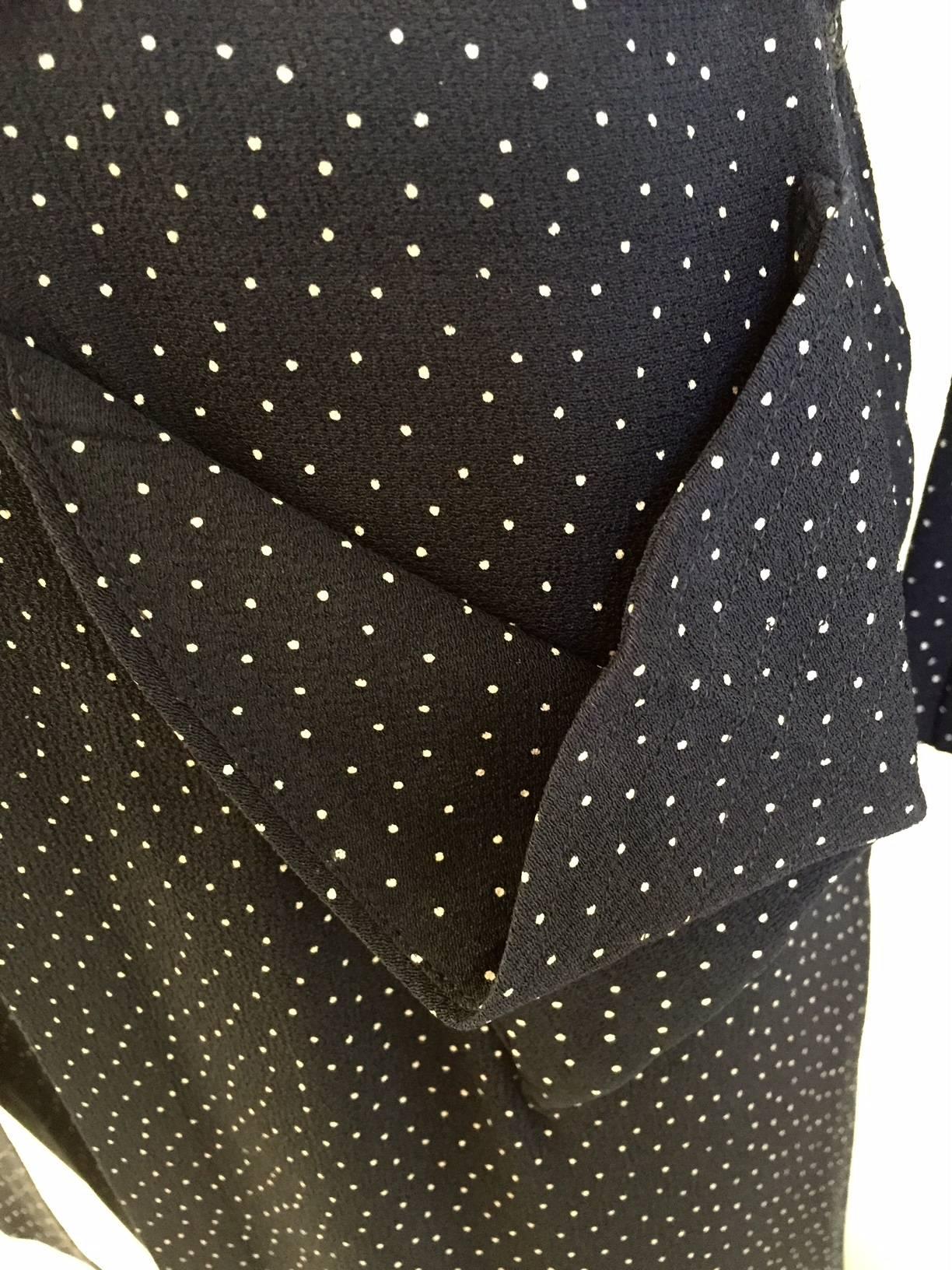 Vintage 1940s Navy Blue Crepe Dress with White Small Polkadots 3