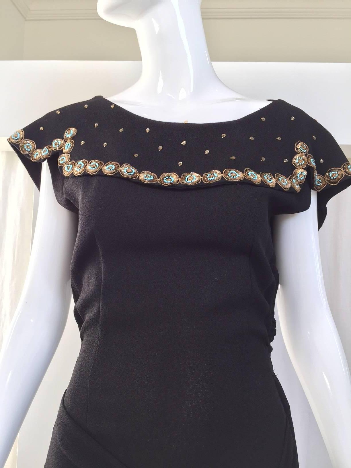 Elegant 30s crepe cocktail dress with sequin embellishment on the collar and sleeves.  size: 2. Bust: 32