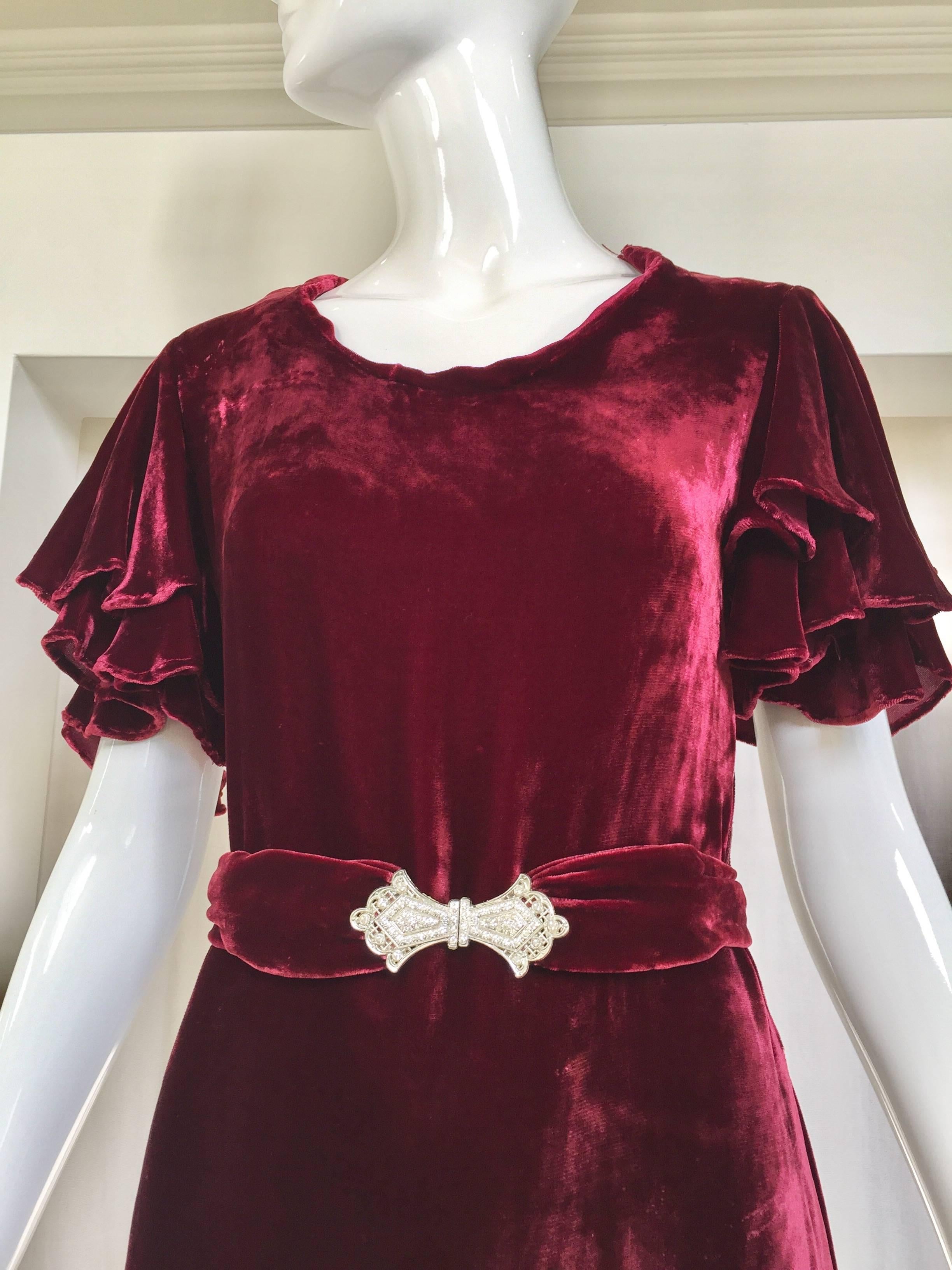 Elegant 1930s maroon rayon velvet bias cut dress with art deco rhinestones belt. (small marks on left upper) see image#2 A few marks to the nape of the velvet on the right side near the upper breast/shoulder area on the right side. 
( small pin
