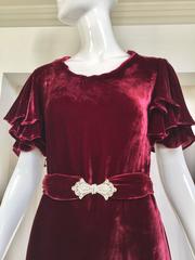 1930s Maroon rayon velvet dress with rhinestones belt