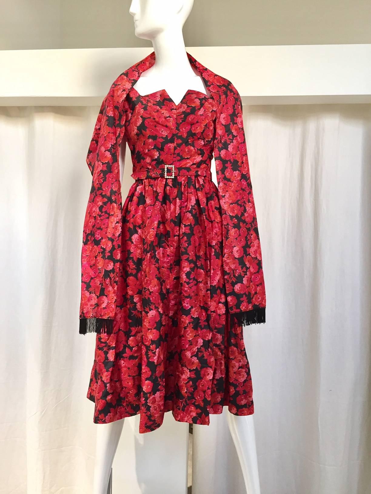 1950s  Beautiful red and black silk floral print  cocktail dress with shawl and belt. 
Vintage summer dress.  small to medium
 Bust: 40"/ W: 26"/  Dress Length: 43'