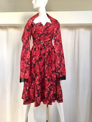1950s floral print red and black floral print cocktail dress