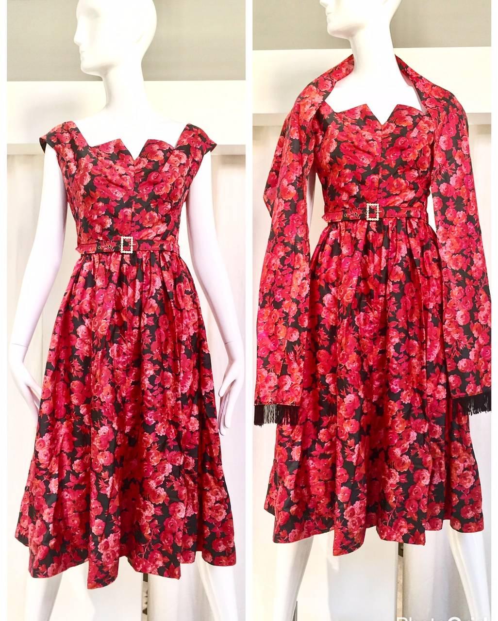 Red 1950s floral print red and black floral print cocktail dress