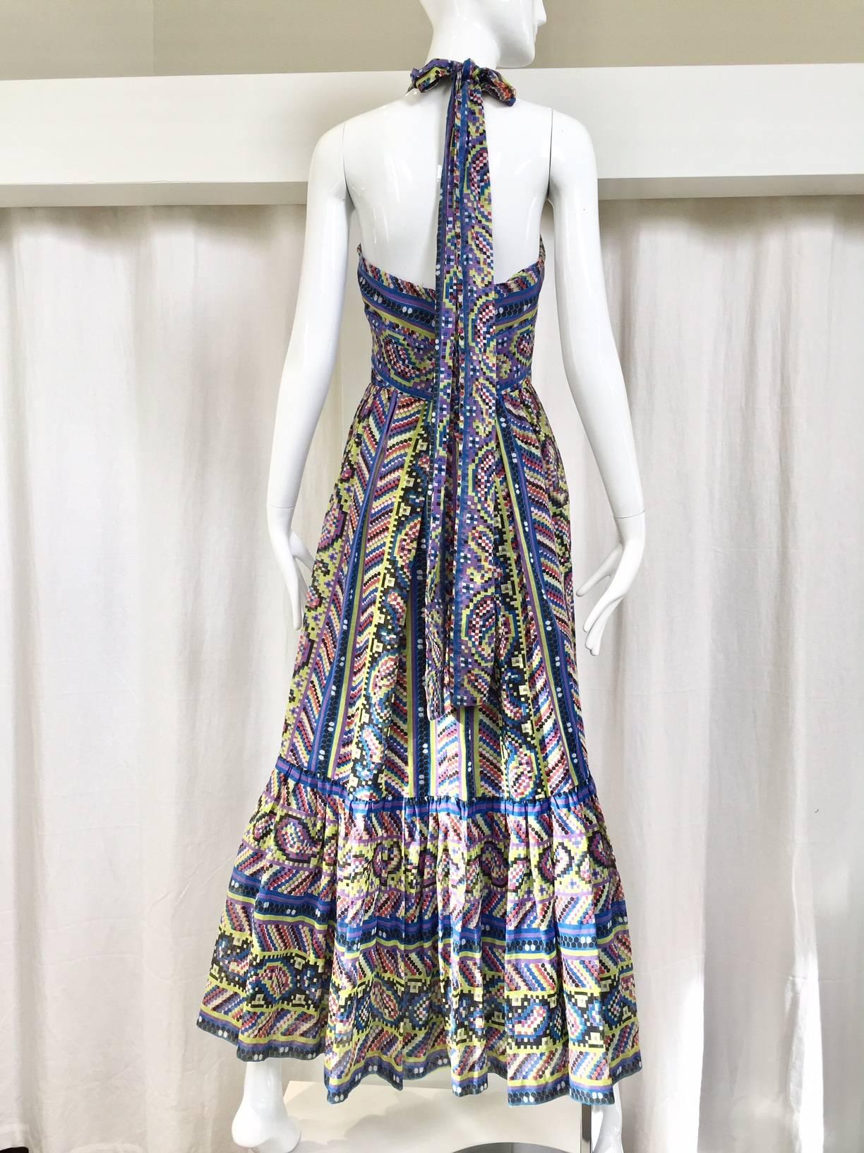 Gray 1970s cotton print halter maxi dress