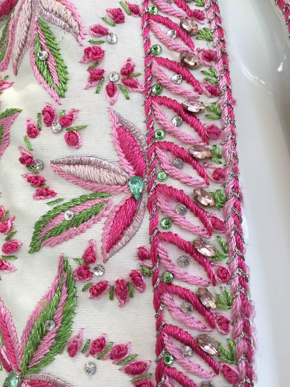 1960s Malcolm Starr  silk vest with pink and green embroidery In Good Condition In Beverly Hills, CA
