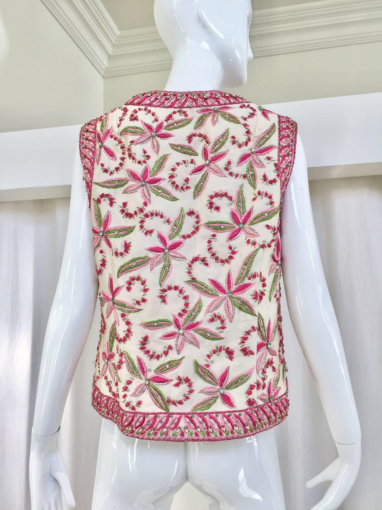 Beige 1960s Malcolm Starr  silk vest with pink and green embroidery