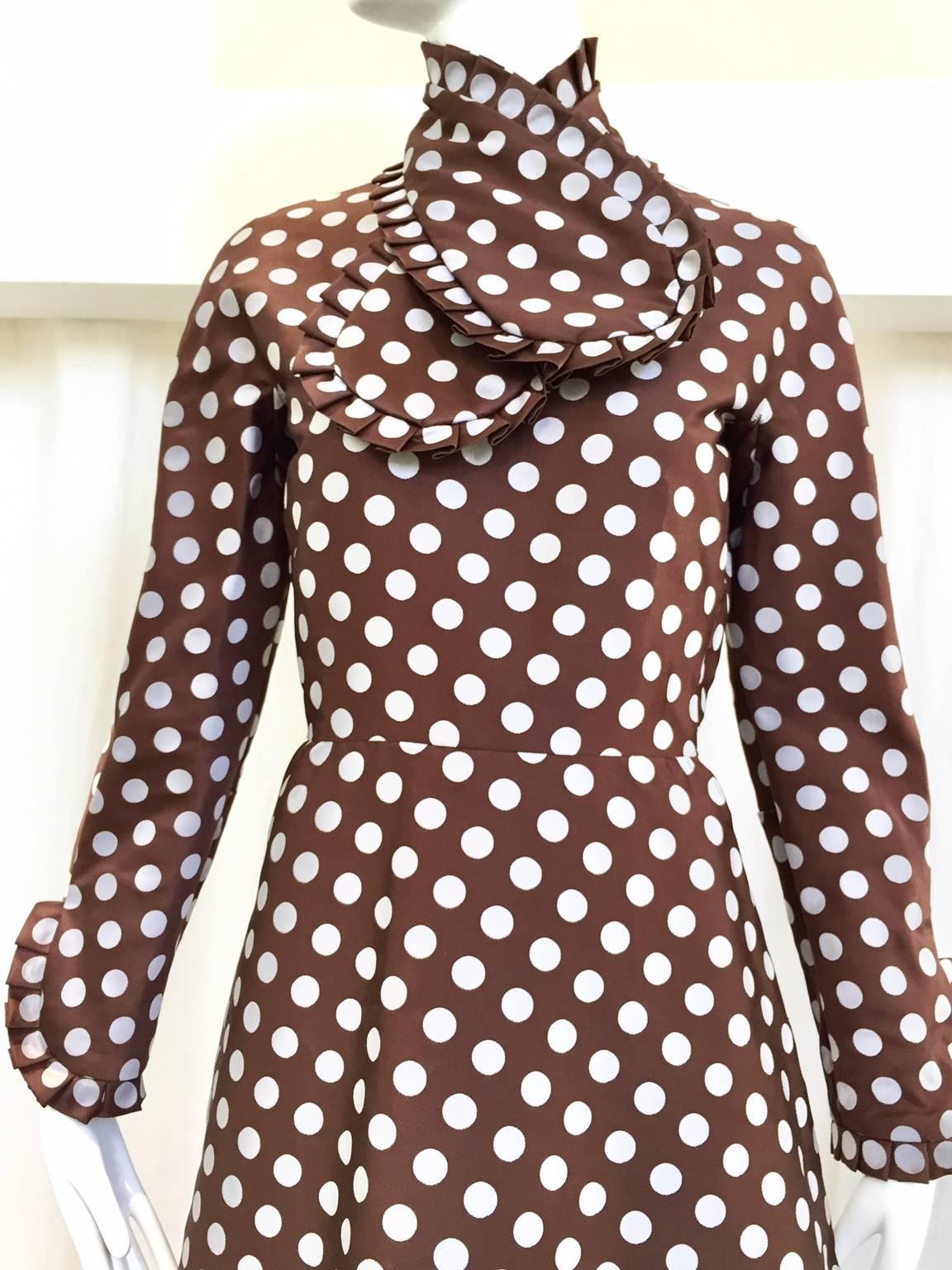 1960s Geoffrey Beene brown and grey silk polkadot mod cocktail dress with neck scarf (detachable) .   Fit Medium size 6 
Bust: 36