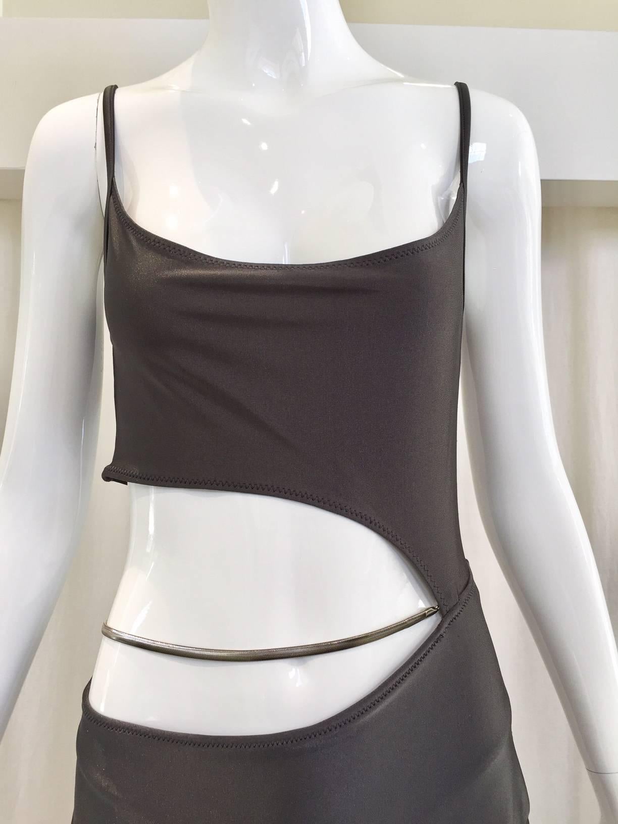 vintage 1990s Paco Rabanne cut out jersey dress with body suit attached.
 Metal link is detachable.  Fit size 2/4/6.  Note: Mannequin is size 2 
Fit size small - medium
Bust: 32" / HIp: 32" not stretch. 
**** small stains see pic#7