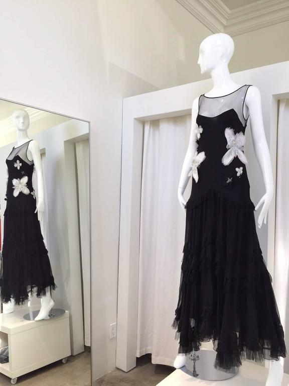   JOHN GALLIANO Black Silk Gown with White Flower  In Excellent Condition In Beverly Hills, CA