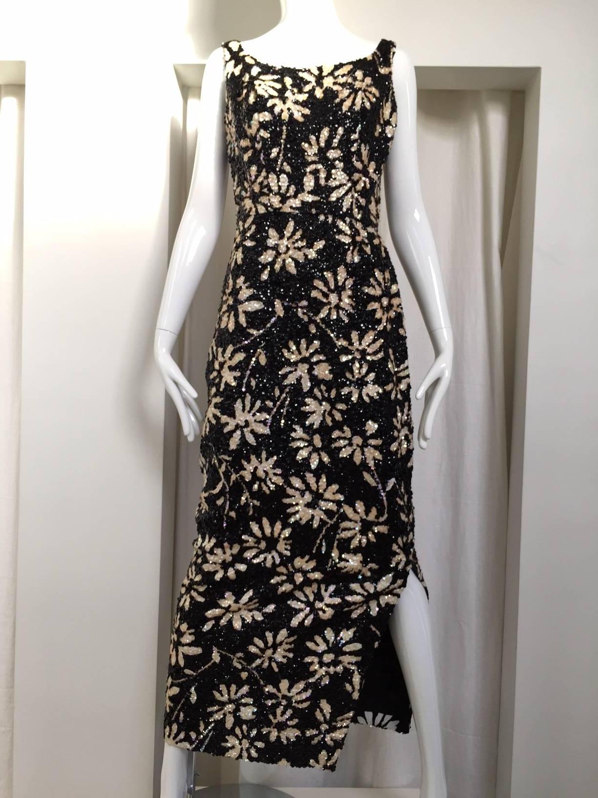 1960s Black and white floral sequin wiggle dress 1