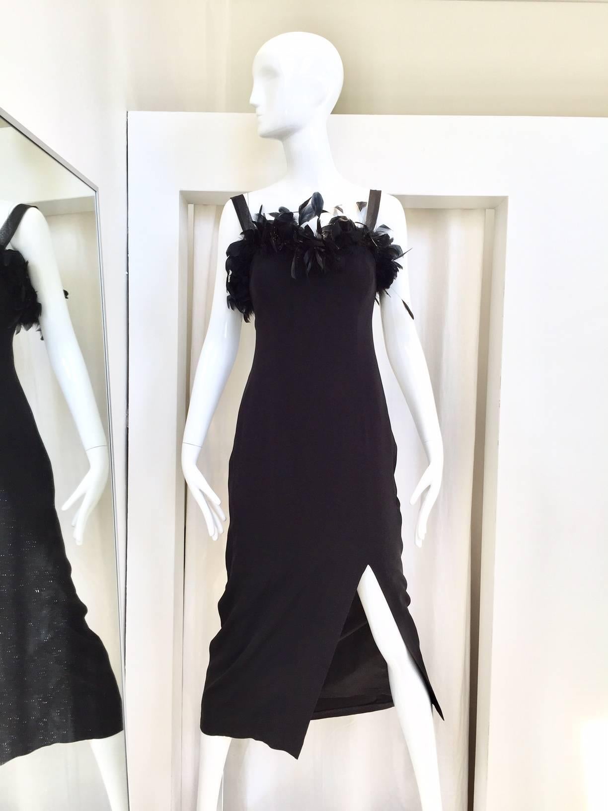 1970s Black Crepe Sheath Dress with Ostrich Feather Trim In Good Condition In Beverly Hills, CA