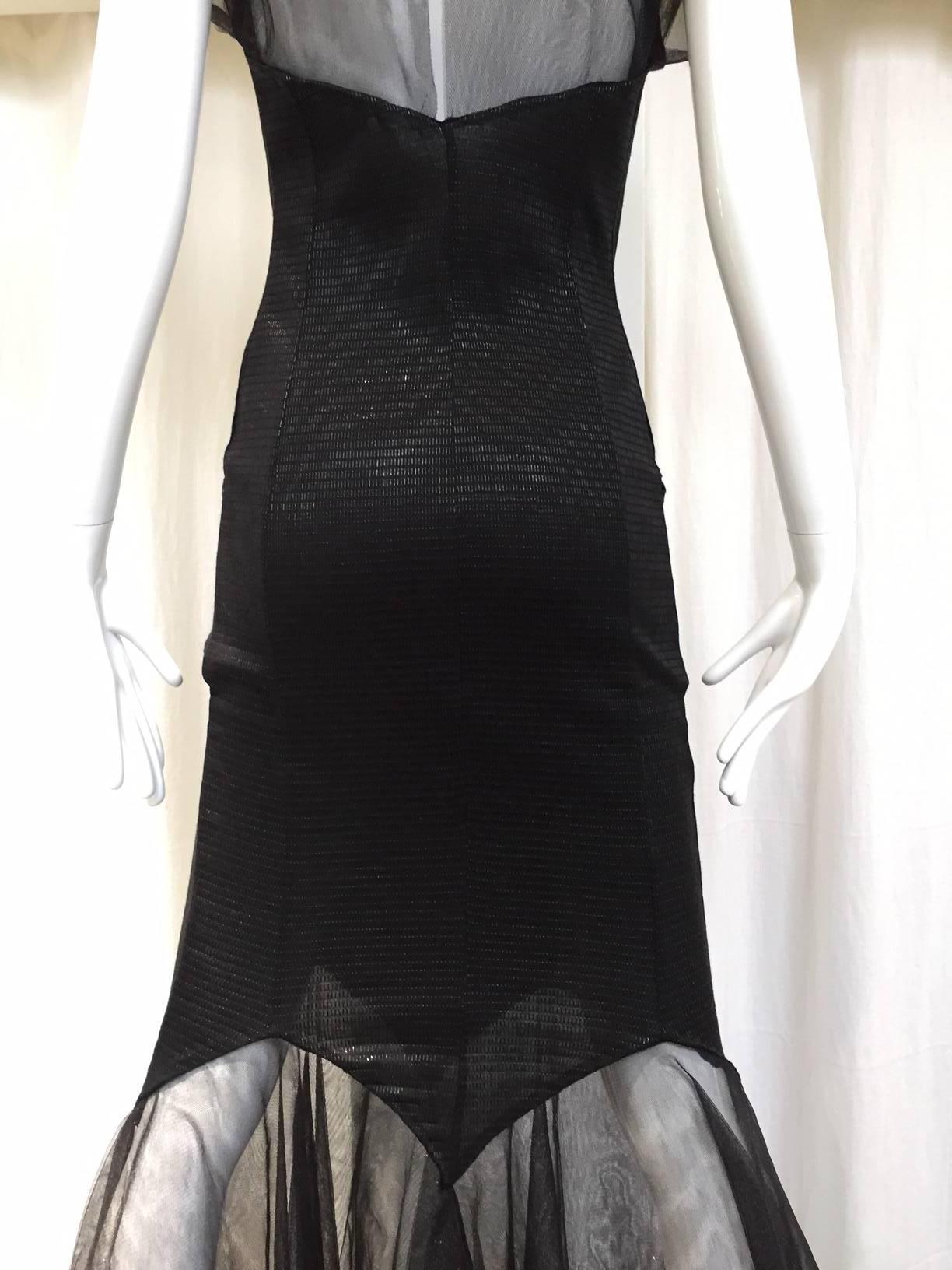 Incredible KARL LAGERFELD Black Knit Mermaid Dress with Tulle Sleeve and Hem 1