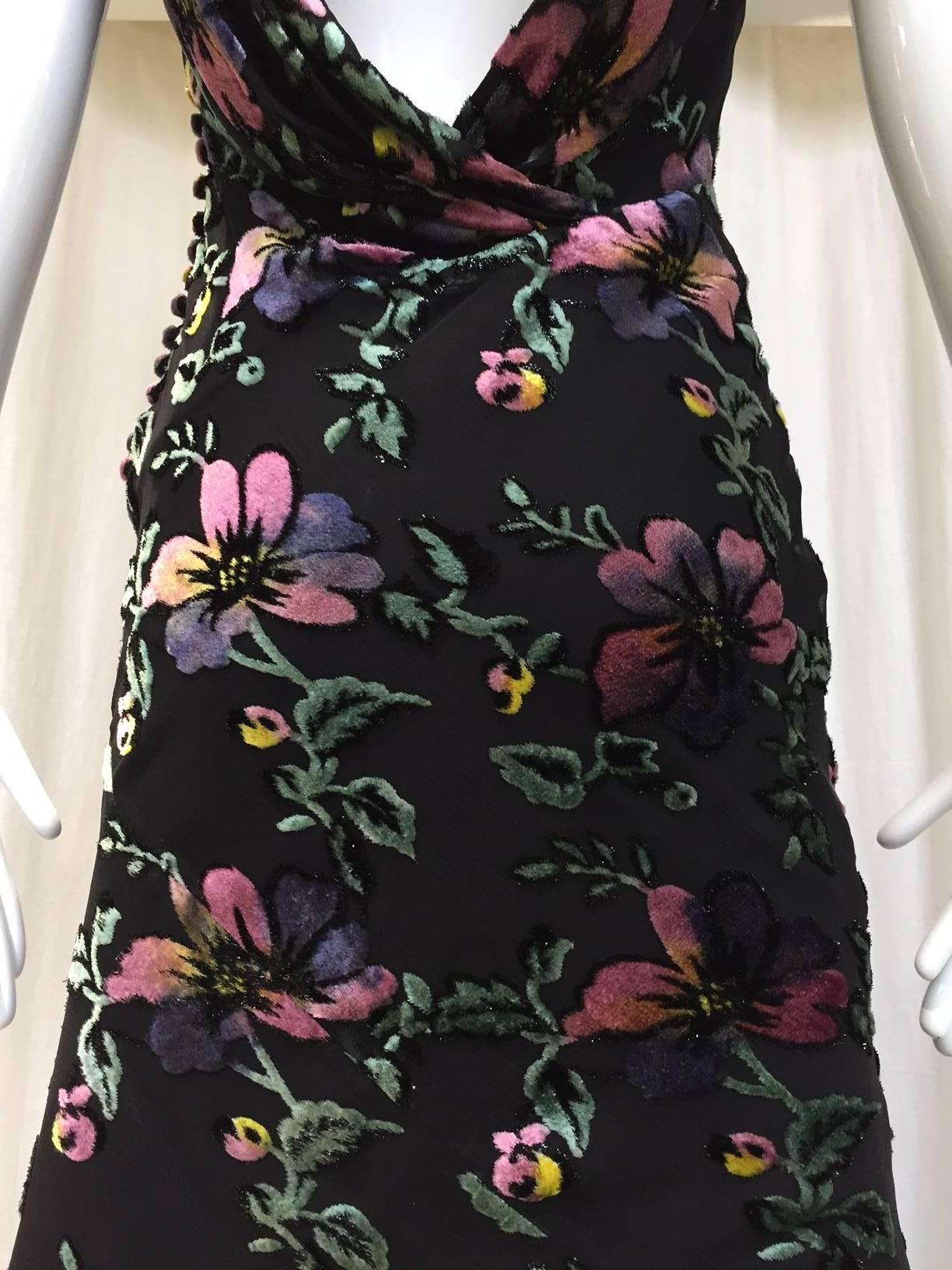 1990s CHRISTIAN DIOR  Black Floral Print Velvet Devore Open back vintage dress In Good Condition In Beverly Hills, CA