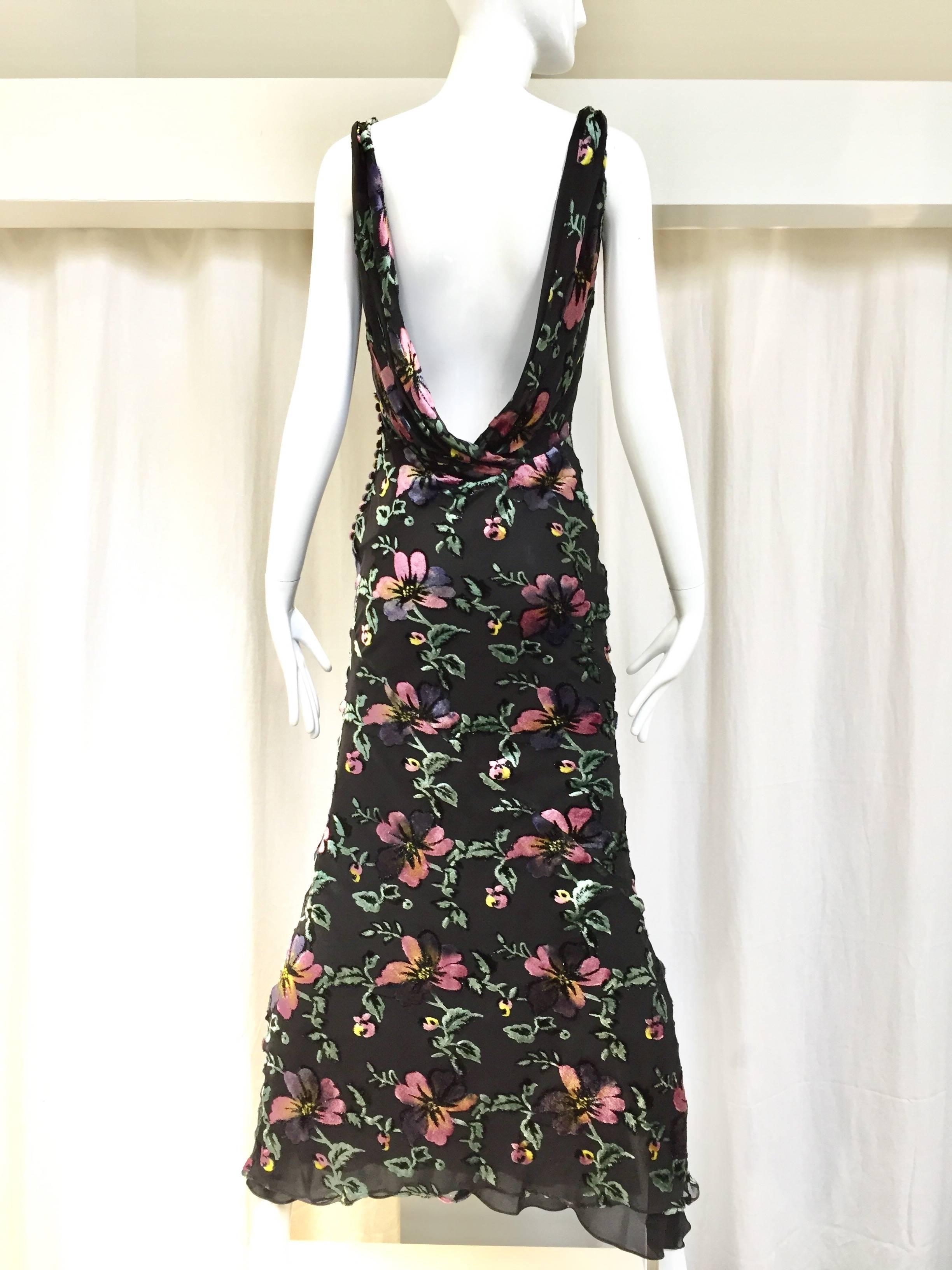 Sexy and chic Vintage Late 1990s Christian Dior designed by John Galliano 
1930s inspired bias cut floral velvet devorè in pink, grey, and green. Exposed bare back and silk button on the side. 
Marked size 6 but it fit best for size 4. Please see