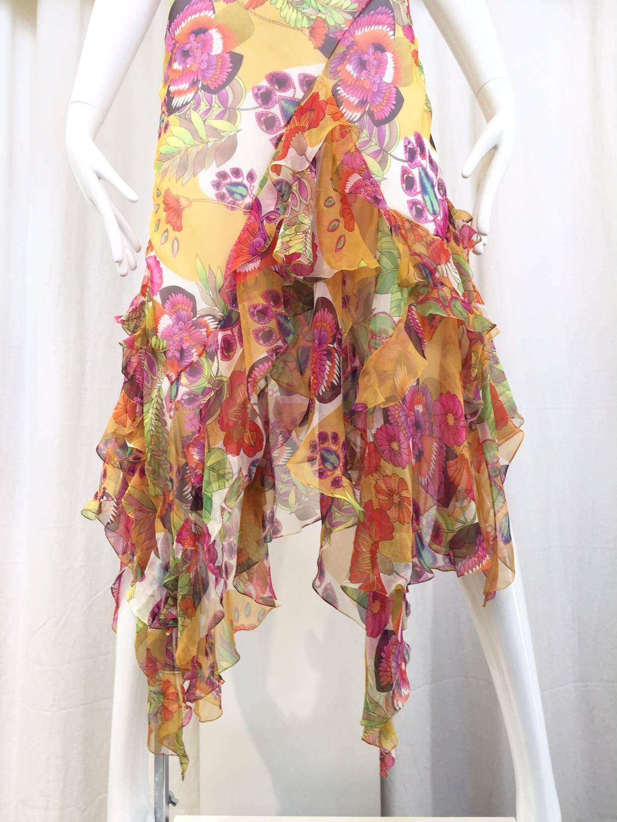Christian Dior Vintage yellow silk floral print bias cut dress In Excellent Condition In Beverly Hills, CA