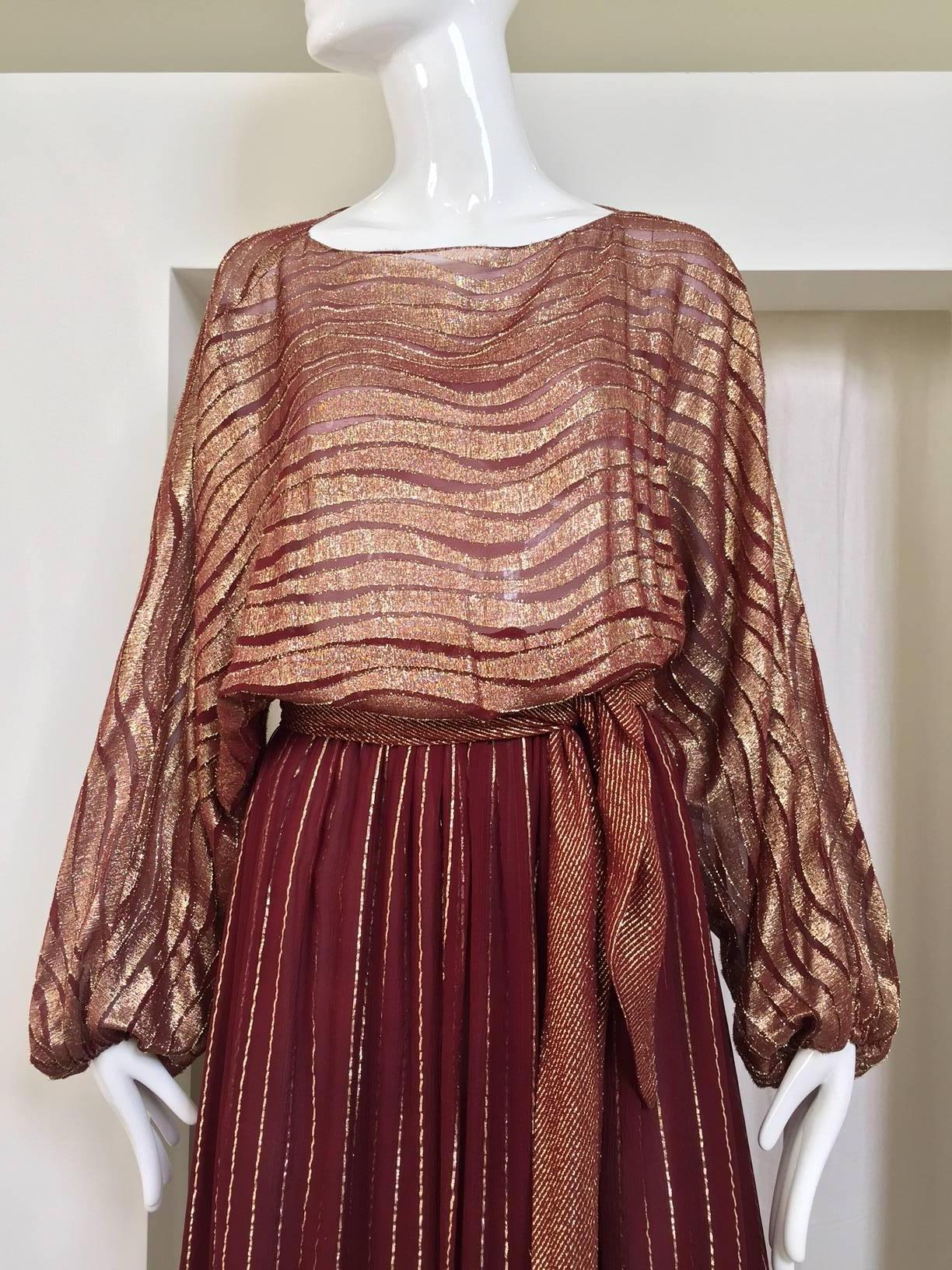 1978 Bill Blass Burgundy & Gold Lurex Striped Silk Chiffon Dress