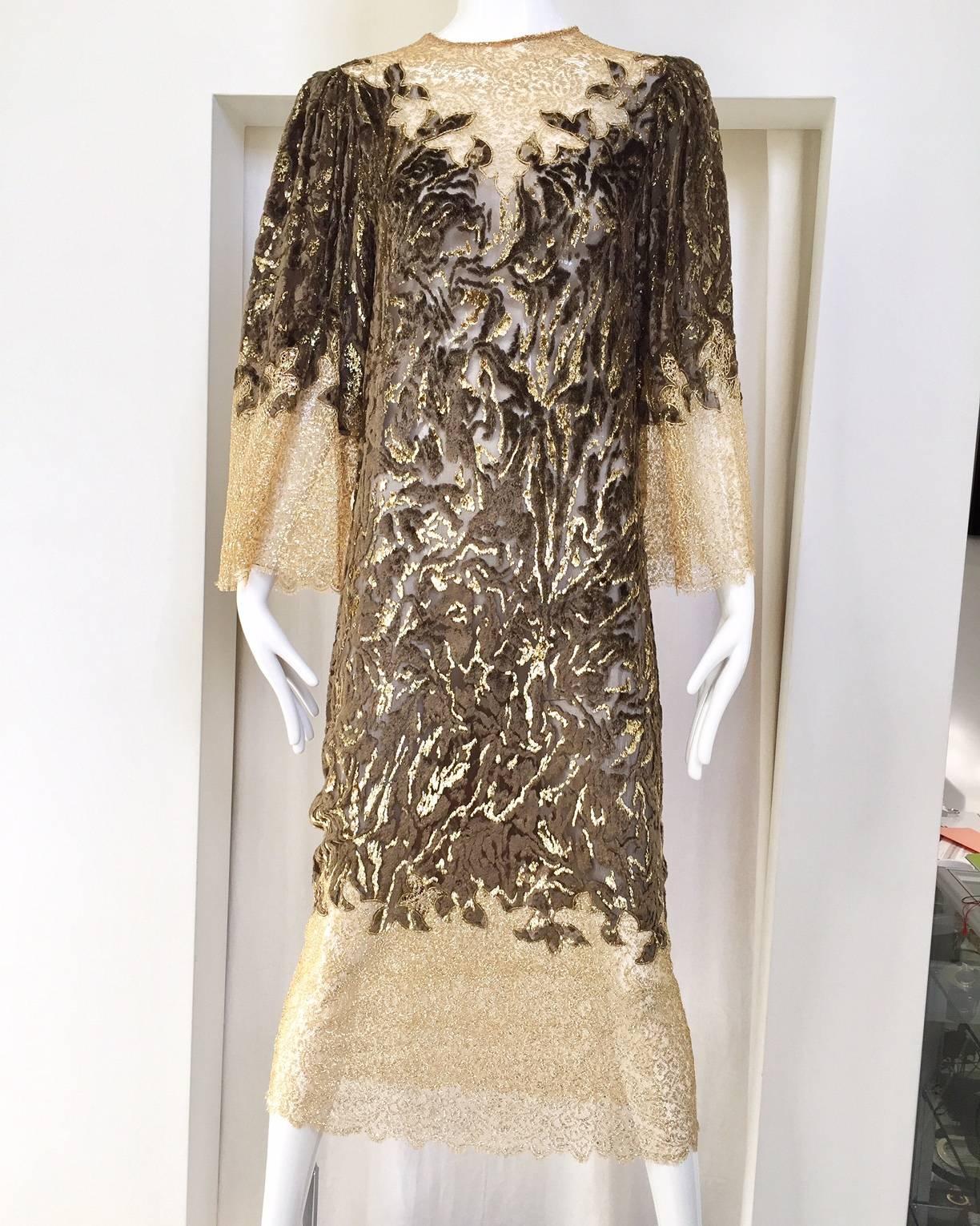 Brown Vintage Oscar De La Renta velvet devore gold lace dress
