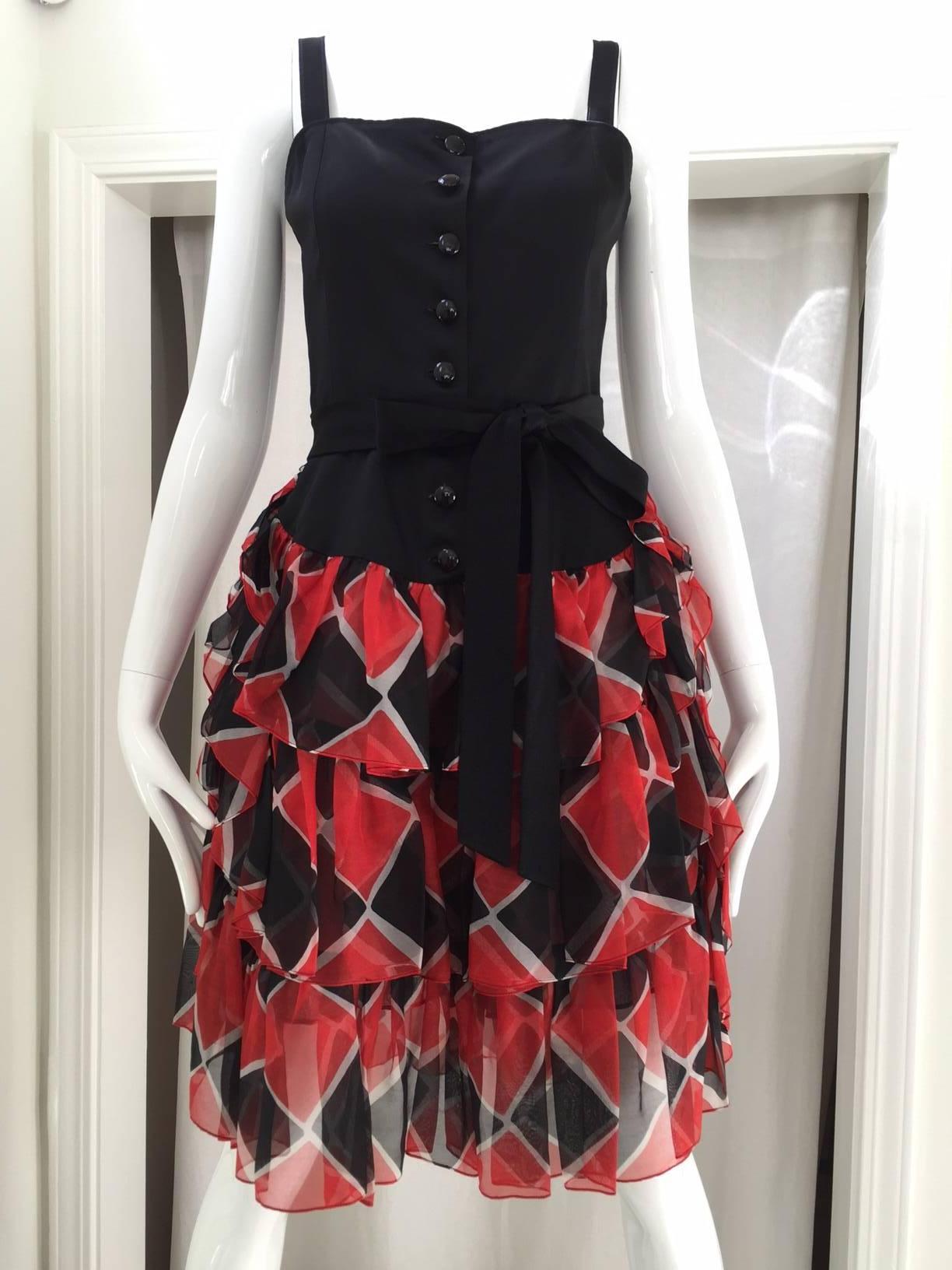 Vintage 1980s  Yves Saint Laurent black and red spaghetti strap dress silk organza harlequin print cocktail dress.
Size : 2/ Bust : 31