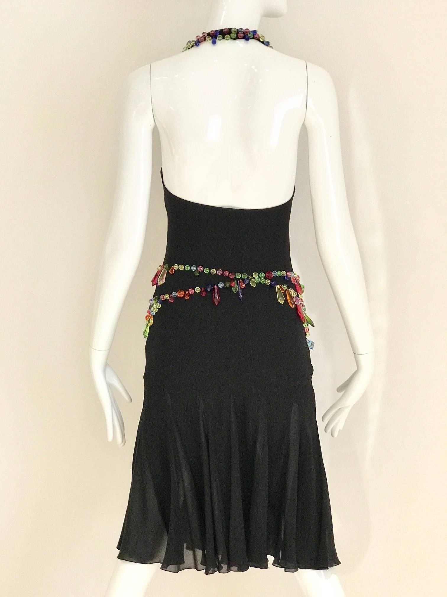 Black 90s Moschino black jersey halter dress with acrylic beads applique