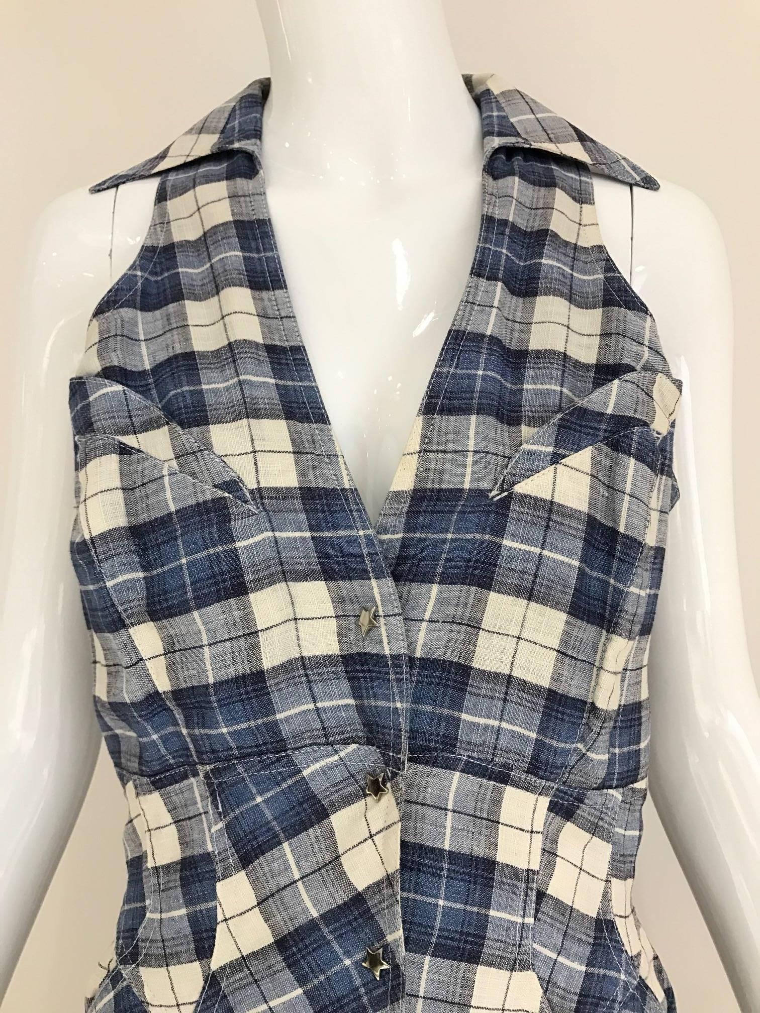 1990s Thierry mugler blue and white plaid cotton summer dress. 
V neck and snap front button.
What a nice summer dress from Mugler! Perfect for Capri vacation! 
Bust: 36 inches/ Waist 28 inches/ Length: 54.5 inches