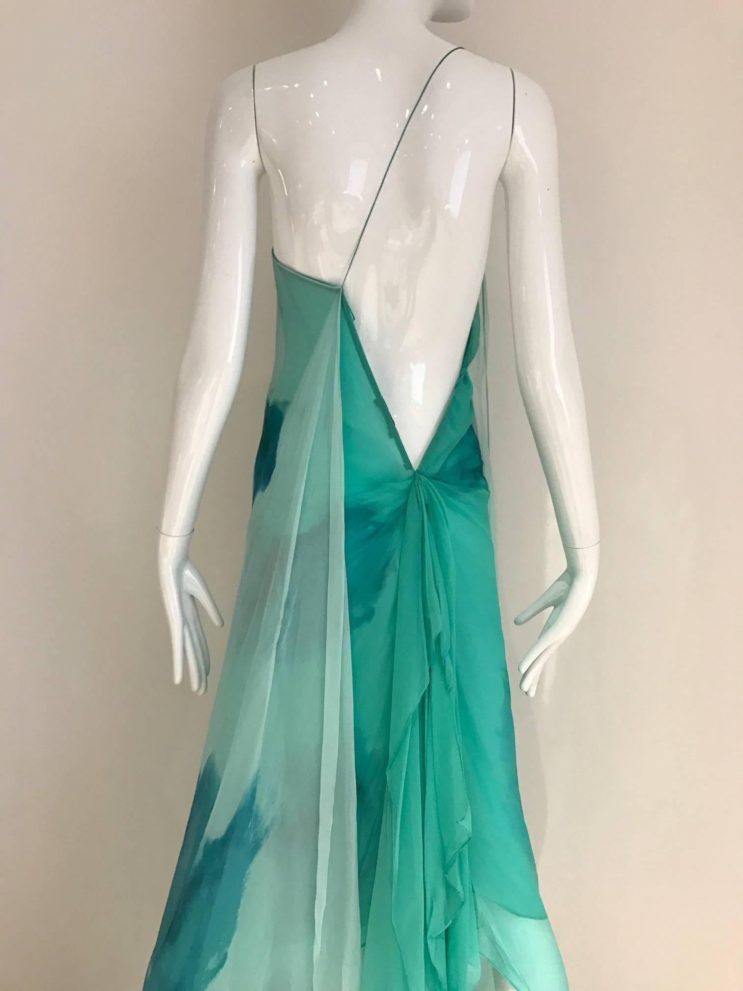 Women's  Donna Karan Minty Green Ombre Silk Chiffon Asymetrical Dress