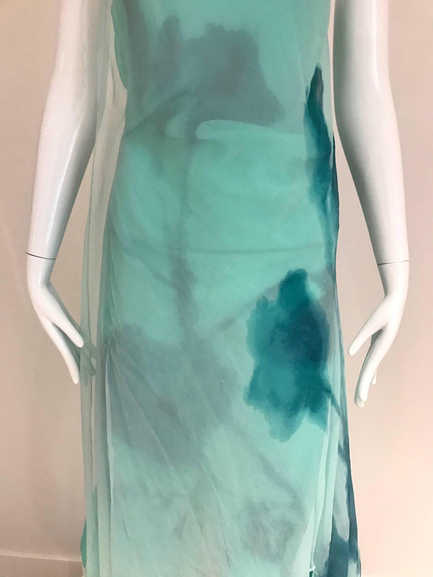  Donna Karan Minty Green Ombre Silk Chiffon Asymetrical Dress 2